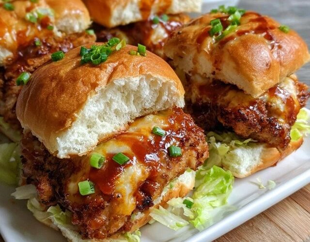 Fried chicken sliders arranged on a serving tray, golden crispy chicken on sweet Hawaiian rolls, pickles, mayo, lettuce, dripping honey hot sauce, multiple sliders side-by-side