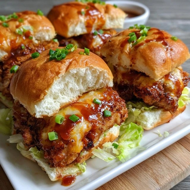 Fried chicken sliders arranged on a serving tray, golden crispy chicken on sweet Hawaiian rolls, pickles, mayo, lettuce, dripping honey hot sauce, multiple sliders side-by-side