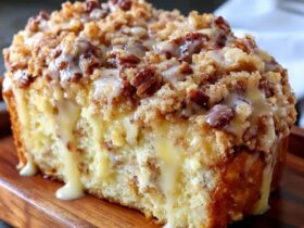 Pecan coffee cake in a square pan with thick cinnamon-pecan streusel topping, white vanilla glaze drizzled in stripes across the top, cut showing tender vanilla crumb, mug of coffee beside it