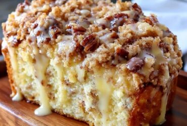 Pecan coffee cake in a square pan with thick cinnamon-pecan streusel topping, white vanilla glaze drizzled in stripes across the top, cut showing tender vanilla crumb, mug of coffee beside it