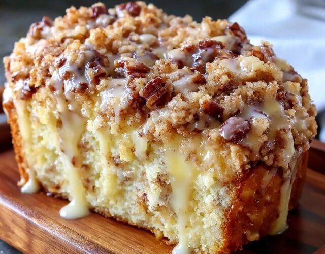 Pecan coffee cake in a square pan with thick cinnamon-pecan streusel topping, white vanilla glaze drizzled in stripes across the top, cut showing tender vanilla crumb, mug of coffee beside it