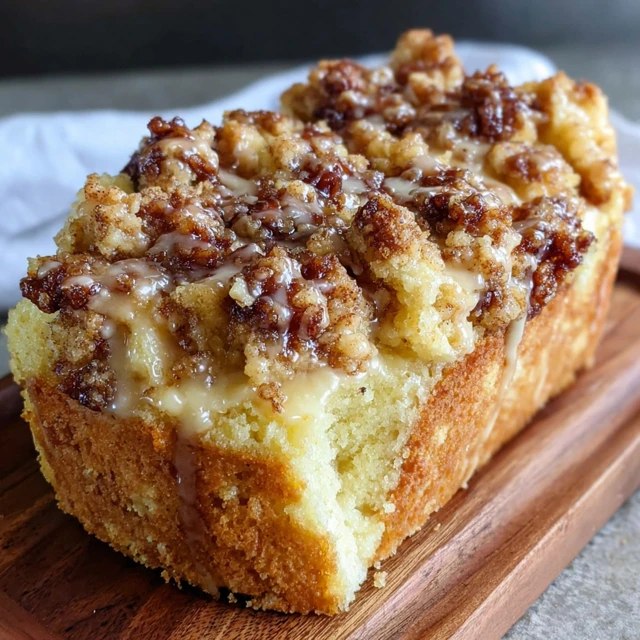 Close-up of cake slice showing layered crumb, brown cinnamon streusel pockets, chopped toasted pecans, white glaze drip running down the side