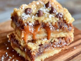 Caramel chocolate chip cookie bars cut into squares on parchment paper, golden cookie bottom layer, visible gooey caramel center, melted chocolate chips throughout, flaky sea salt on top