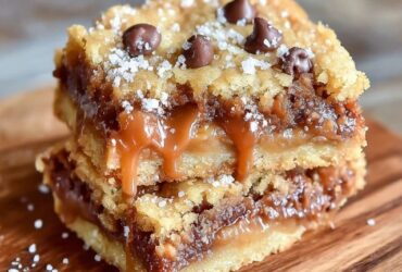 Caramel chocolate chip cookie bars cut into squares on parchment paper, golden cookie bottom layer, visible gooey caramel center, melted chocolate chips throughout, flaky sea salt on top