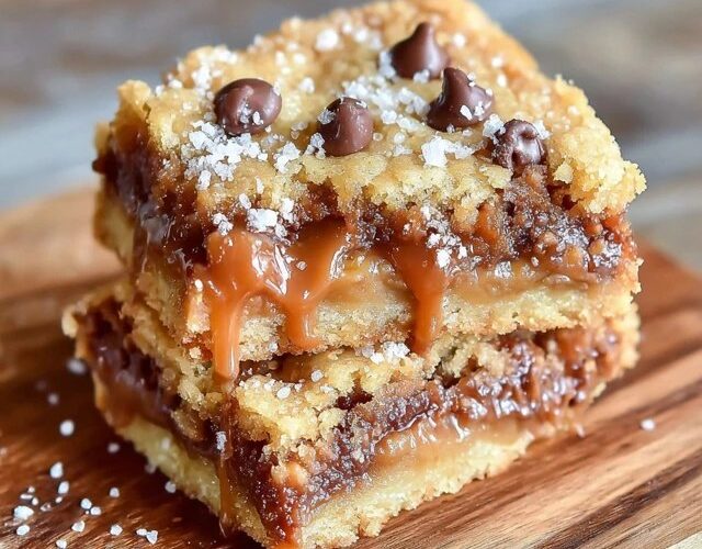 Caramel chocolate chip cookie bars cut into squares on parchment paper, golden cookie bottom layer, visible gooey caramel center, melted chocolate chips throughout, flaky sea salt on top