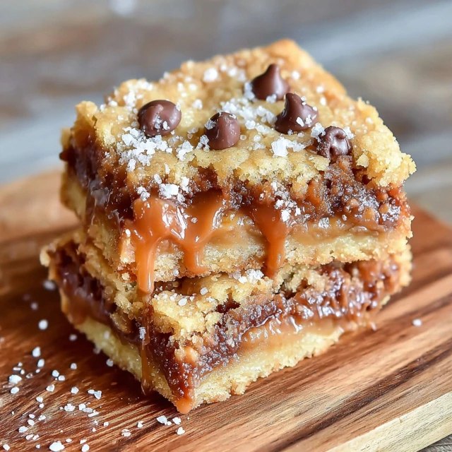 Caramel chocolate chip cookie bars cut into squares on parchment paper, golden cookie bottom layer, visible gooey caramel center, melted chocolate chips throughout, flaky sea salt on top