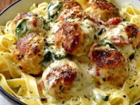 Creamy chicken meatball pasta in a deep skillet, golden chicken meatballs scattered through penne pasta, glossy cream sauce, fresh basil, parmesan grated on top, served with crusty bread on the side