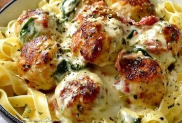 Creamy chicken meatball pasta in a deep skillet, golden chicken meatballs scattered through penne pasta, glossy cream sauce, fresh basil, parmesan grated on top, served with crusty bread on the side