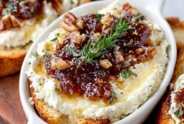 Goat cheese toasts with jam arranged on a wooden board, golden crispy baguette crostini topped with creamy white goat cheese, jewel-toned red fig jam dollops, fresh thyme sprigs, honey drizzle, served with white wine