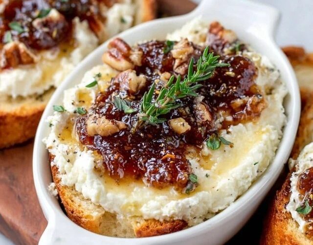 Goat cheese toasts with jam arranged on a wooden board, golden crispy baguette crostini topped with creamy white goat cheese, jewel-toned red fig jam dollops, fresh thyme sprigs, honey drizzle, served with white wine