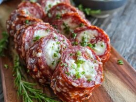 Salami cream cheese roll-ups arranged in a spiral on a serving plate, pink salami slices wrapped around tangy cream cheese filling, dill pickle spear inside each roll, garnished with fresh parsley