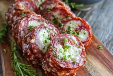 Salami cream cheese roll-ups arranged in a spiral on a serving plate, pink salami slices wrapped around tangy cream cheese filling, dill pickle spear inside each roll, garnished with fresh parsley