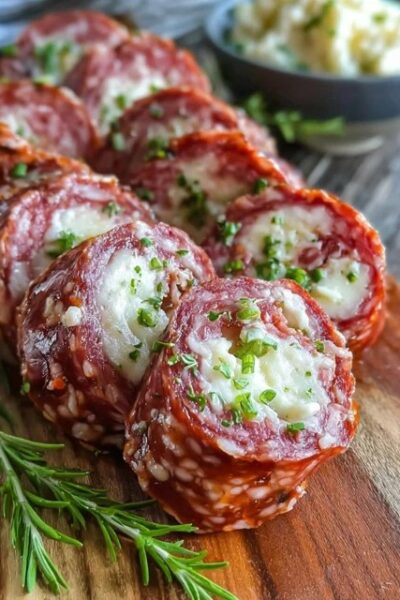 Salami cream cheese roll-ups arranged in a spiral on a serving plate, pink salami slices wrapped around tangy cream cheese filling, dill pickle spear inside each roll, garnished with fresh parsley