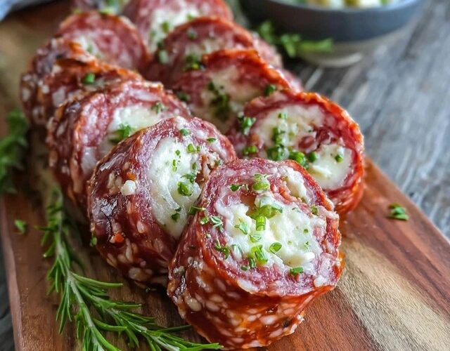 Salami cream cheese roll-ups arranged in a spiral on a serving plate, pink salami slices wrapped around tangy cream cheese filling, dill pickle spear inside each roll, garnished with fresh parsley