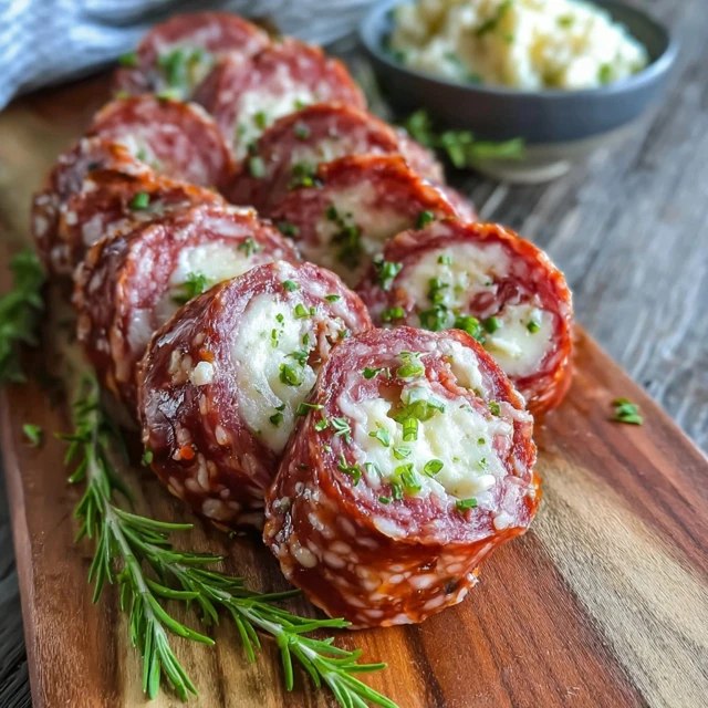 Salami cream cheese roll-ups arranged in a spiral on a serving plate, pink salami slices wrapped around tangy cream cheese filling, dill pickle spear inside each roll, garnished with fresh parsley