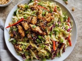 Asian chicken salad in a large white bowl, shredded purple and green cabbage, diced chicken, mandarin orange segments, sliced almonds, chow mein noodles, green onions, sesame ginger dressing drizzled on top