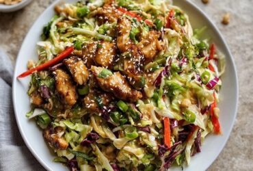 Asian chicken salad in a large white bowl, shredded purple and green cabbage, diced chicken, mandarin orange segments, sliced almonds, chow mein noodles, green onions, sesame ginger dressing drizzled on top