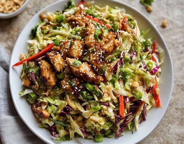 Asian chicken salad in a large white bowl, shredded purple and green cabbage, diced chicken, mandarin orange segments, sliced almonds, chow mein noodles, green onions, sesame ginger dressing drizzled on top