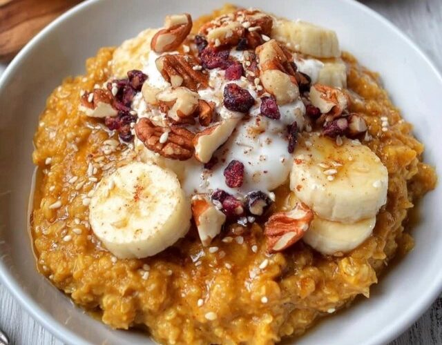 Pumpkin oatmeal bowl in a ceramic bowl, creamy orange oats topped with toasted pecans, drizzle of maple syrup, cinnamon dust, dollop of Greek yogurt, fresh pomegranate seeds, warm autumn light