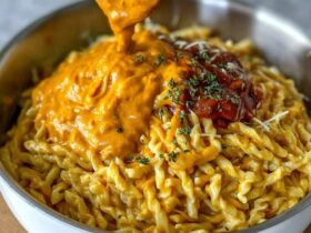 Creamy macaroni and cheese in a wide pan, glossy orange cheese sauce coating elbow pasta, pulled cheese strands when spoon lifts, cracked black pepper and fresh chives on top