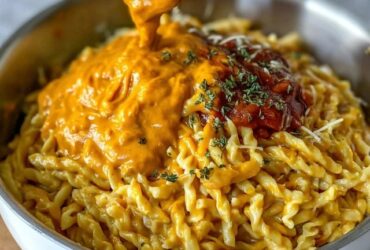Creamy macaroni and cheese in a wide pan, glossy orange cheese sauce coating elbow pasta, pulled cheese strands when spoon lifts, cracked black pepper and fresh chives on top