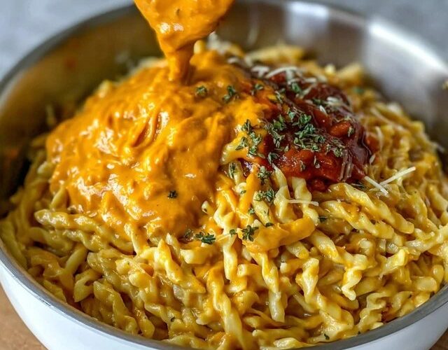 Creamy macaroni and cheese in a wide pan, glossy orange cheese sauce coating elbow pasta, pulled cheese strands when spoon lifts, cracked black pepper and fresh chives on top