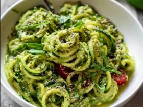 Zucchini noodles with pesto in a white bowl, fresh green spiralized zucchini coated in vibrant basil pesto, halved cherry tomatoes, pine nuts, shaved parmesan, fresh basil leaves on top