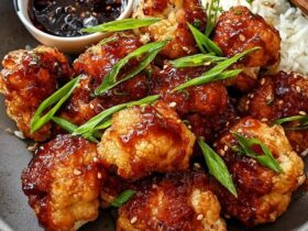 General Tso's cauliflower in a black bowl on a wooden board, golden crispy cauliflower florets coated in glossy red-brown sauce, sesame seeds, green onions, red chili flakes, steamed white rice on the side