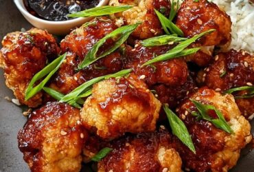General Tso's cauliflower in a black bowl on a wooden board, golden crispy cauliflower florets coated in glossy red-brown sauce, sesame seeds, green onions, red chili flakes, steamed white rice on the side