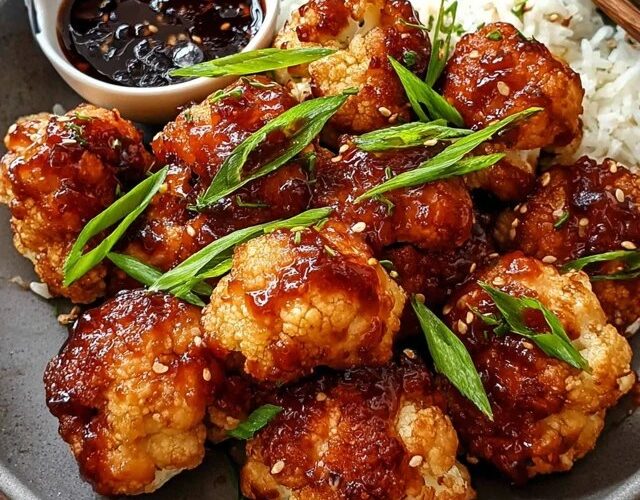 General Tso's cauliflower in a black bowl on a wooden board, golden crispy cauliflower florets coated in glossy red-brown sauce, sesame seeds, green onions, red chili flakes, steamed white rice on the side