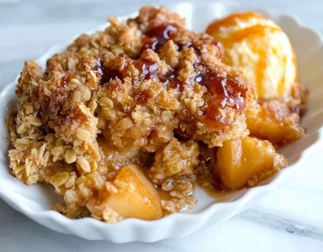 Apple crisp in a baking dish with golden bubbly streusel topping over cinnamon apples, scoop of vanilla ice cream melting on top, caramel drizzle, fall light