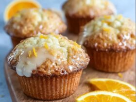 Orange muffins with glaze on a wire rack, tall domed muffin tops with white glaze drizzled over, fresh orange zest sprinkled on top, golden brown sides visible, halved muffin showing tender crumb