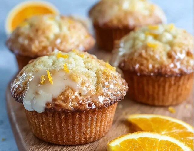 Orange muffins with glaze on a wire rack, tall domed muffin tops with white glaze drizzled over, fresh orange zest sprinkled on top, golden brown sides visible, halved muffin showing tender crumb