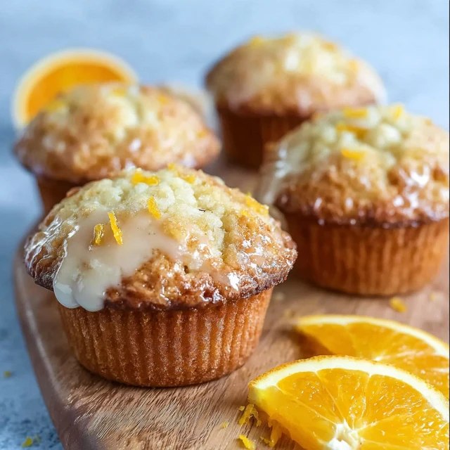 Orange muffins with glaze on a wire rack, tall domed muffin tops with white glaze drizzled over, fresh orange zest sprinkled on top, golden brown sides visible, halved muffin showing tender crumb