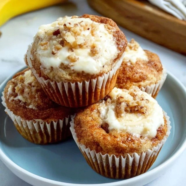 Close-up of one split muffin showing tender banana crumb, gooey cream cheese filling in the center, golden top
