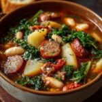Sausage kale potato soup in a deep bowl, creamy broth with chunks of golden potato, browned Italian sausage crumbles, bright green kale, sprinkle of red pepper flakes, parmesan grated on top