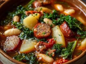Sausage kale potato soup in a deep bowl, creamy broth with chunks of golden potato, browned Italian sausage crumbles, bright green kale, sprinkle of red pepper flakes, parmesan grated on top