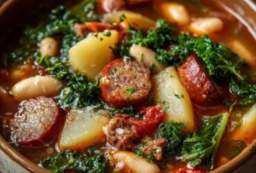 Sausage kale potato soup in a deep bowl, creamy broth with chunks of golden potato, browned Italian sausage crumbles, bright green kale, sprinkle of red pepper flakes, parmesan grated on top