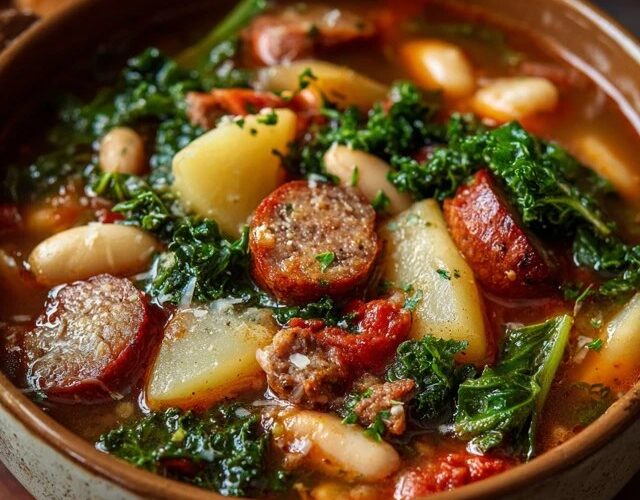 Sausage kale potato soup in a deep bowl, creamy broth with chunks of golden potato, browned Italian sausage crumbles, bright green kale, sprinkle of red pepper flakes, parmesan grated on top