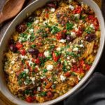 Mediterranean baked chicken thighs in a cast iron skillet, golden crispy skin chicken thighs surrounded by burst cherry tomatoes, kalamata olives, lemon slices, crumbled feta, fresh oregano, glossy pan juices