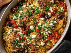 Mediterranean baked chicken thighs in a cast iron skillet, golden crispy skin chicken thighs surrounded by burst cherry tomatoes, kalamata olives, lemon slices, crumbled feta, fresh oregano, glossy pan juices