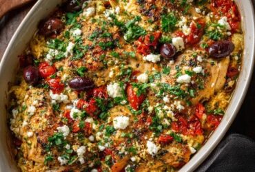 Mediterranean baked chicken thighs in a cast iron skillet, golden crispy skin chicken thighs surrounded by burst cherry tomatoes, kalamata olives, lemon slices, crumbled feta, fresh oregano, glossy pan juices