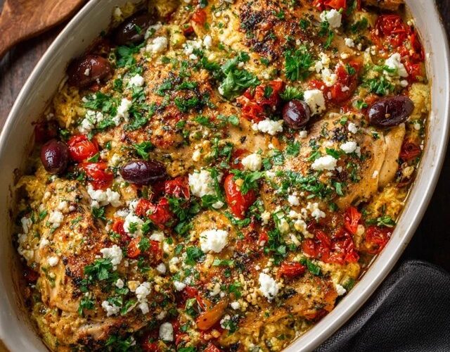 Mediterranean baked chicken thighs in a cast iron skillet, golden crispy skin chicken thighs surrounded by burst cherry tomatoes, kalamata olives, lemon slices, crumbled feta, fresh oregano, glossy pan juices