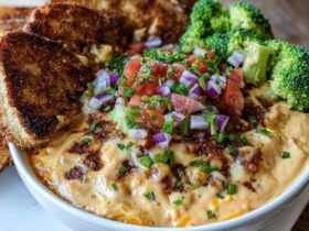 Cheesy bacon dip in a cast iron skillet with golden bubbly cheese top, crispy bacon bits visible, fresh chives sprinkled on top, baguette slices toasted golden brown on the side