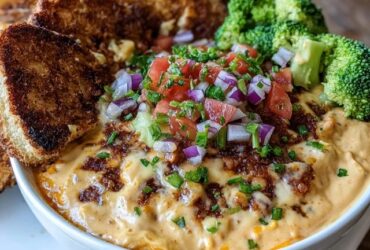 Cheesy bacon dip in a cast iron skillet with golden bubbly cheese top, crispy bacon bits visible, fresh chives sprinkled on top, baguette slices toasted golden brown on the side