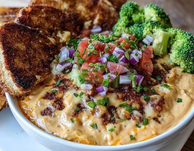 Cheesy bacon dip in a cast iron skillet with golden bubbly cheese top, crispy bacon bits visible, fresh chives sprinkled on top, baguette slices toasted golden brown on the side