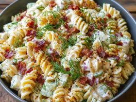 Creamy pasta salad with bacon in a white serving bowl, bowtie pasta coated in creamy ranch dressing, crispy bacon bits, halved cherry tomatoes, shredded cheddar, sliced green onions, fresh dill on top