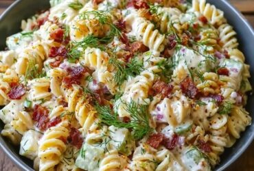 Creamy pasta salad with bacon in a white serving bowl, bowtie pasta coated in creamy ranch dressing, crispy bacon bits, halved cherry tomatoes, shredded cheddar, sliced green onions, fresh dill on top