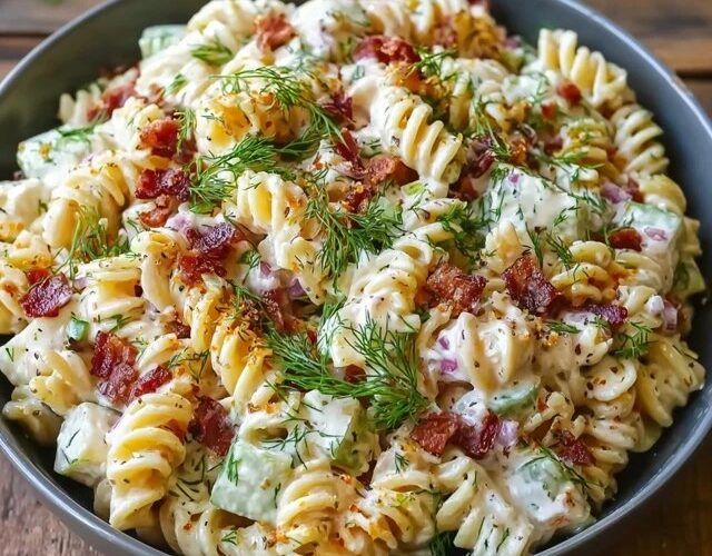 Creamy pasta salad with bacon in a white serving bowl, bowtie pasta coated in creamy ranch dressing, crispy bacon bits, halved cherry tomatoes, shredded cheddar, sliced green onions, fresh dill on top