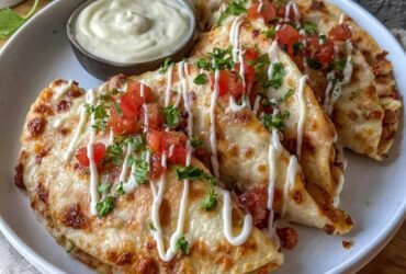 Cheesy chicken quesadillas cut into triangles on a wooden board, crispy golden tortillas with melted cheese oozing out the edges, seasoned chicken visible, served with sour cream, salsa, guacamole on the side